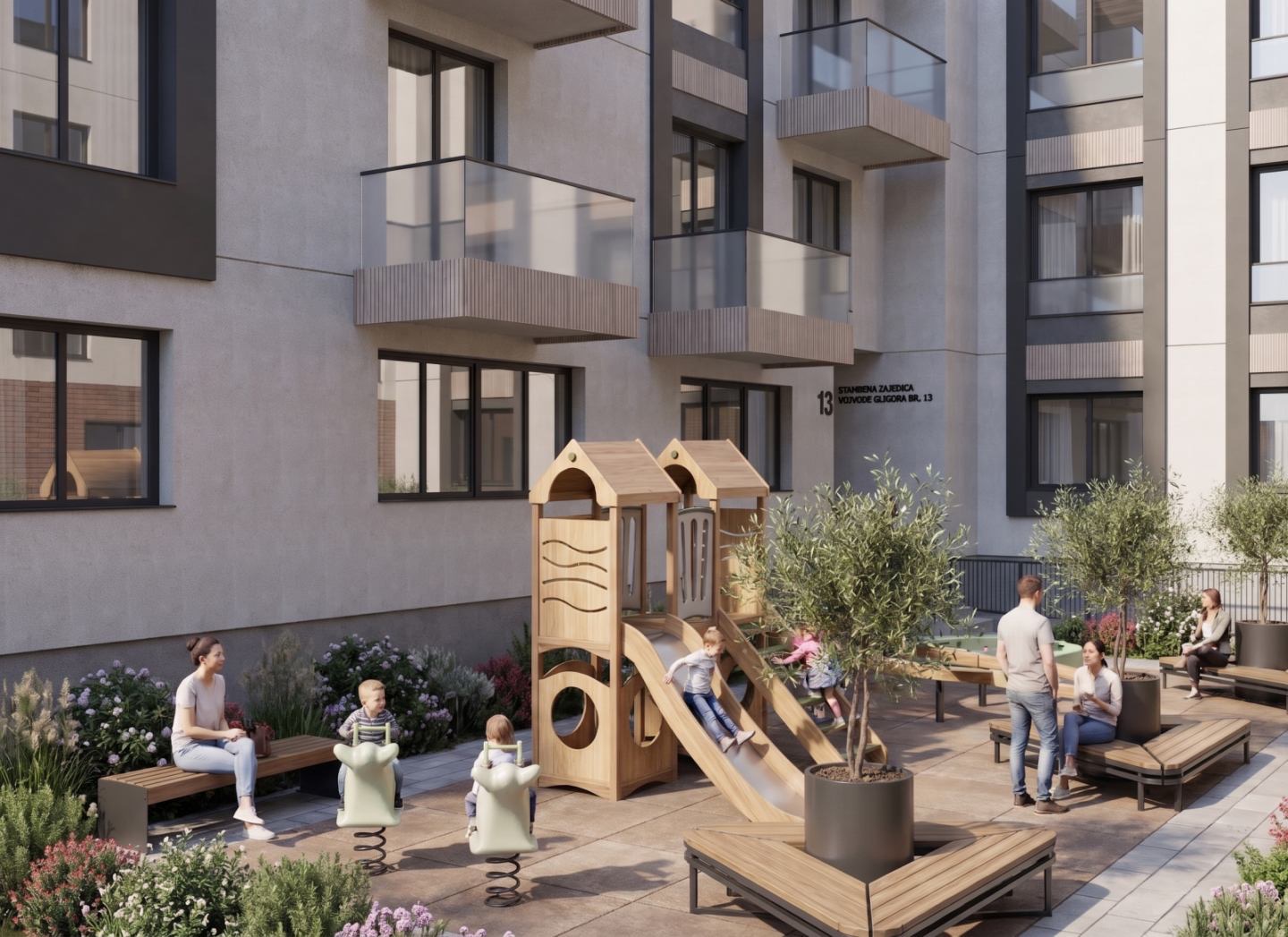 Render planiranog dvorišta Nest Group zgrade sa dečjim igralištem, klupama i zelenilom