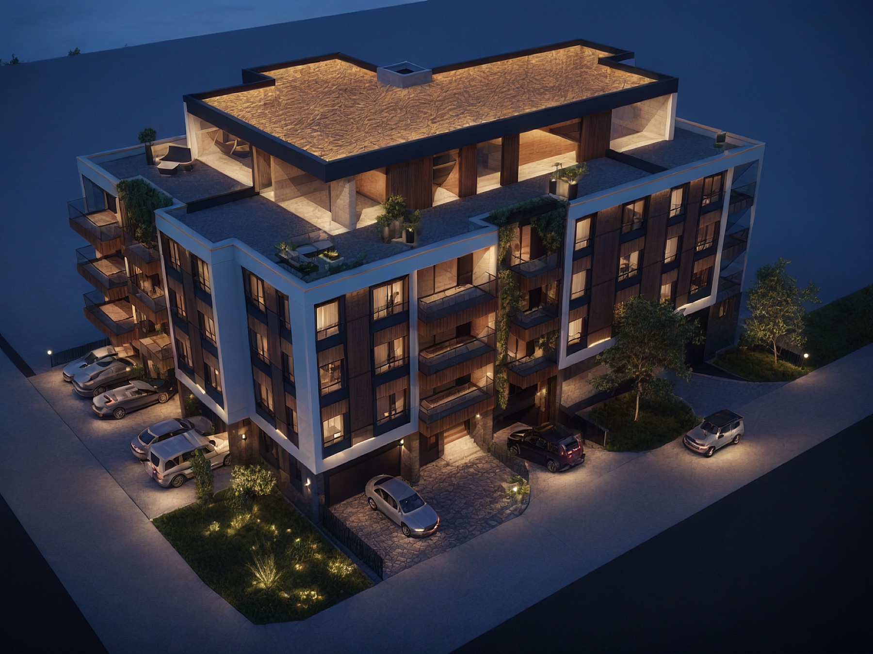 Noćni render krovne terase Nest Group zgrade
